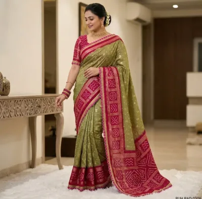 Dul Moch Saree with Embroidery work - Olive Green and Rani Pink